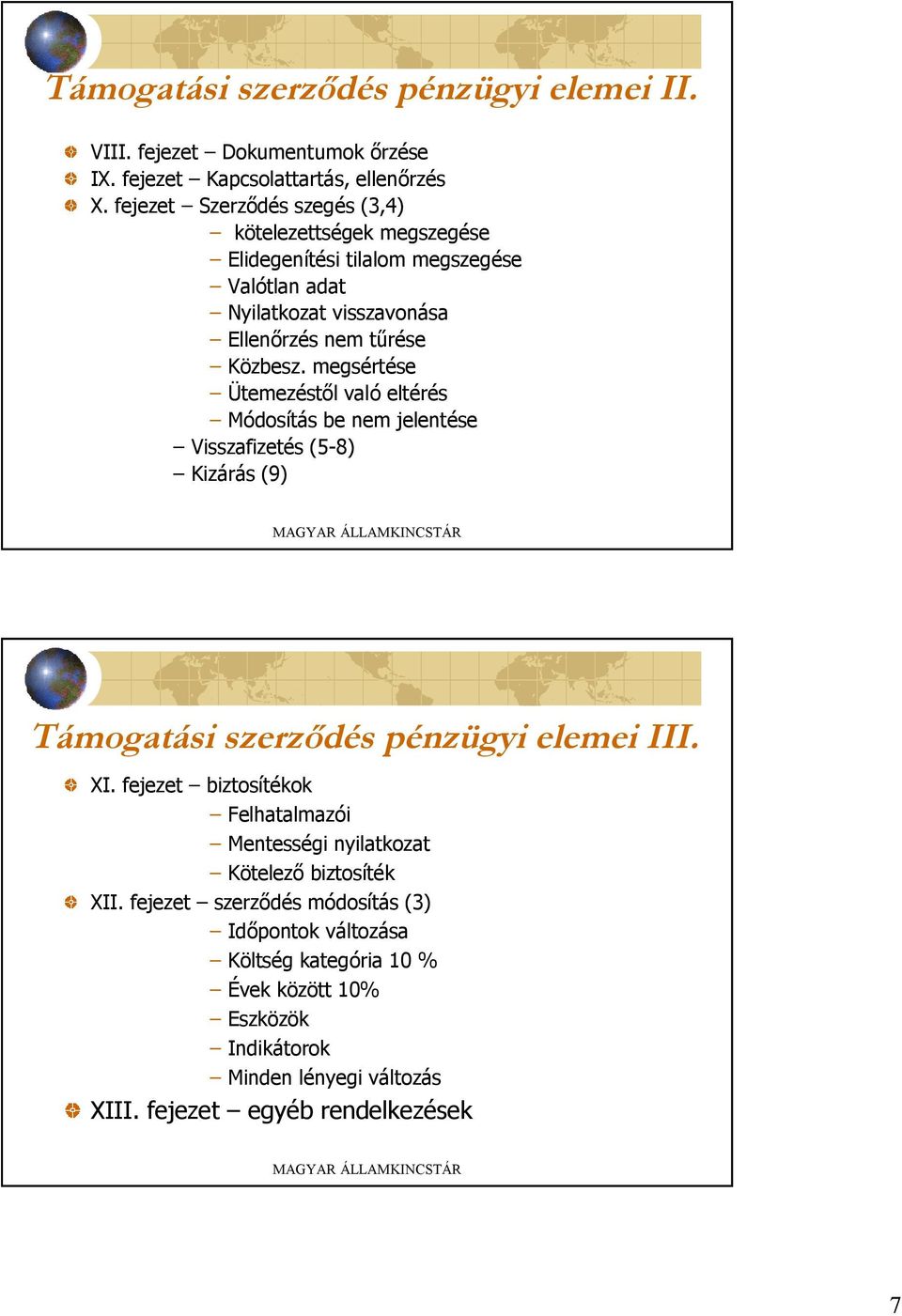 megsértése Ütemezéstől való eltérés Módosítás be nem jelentése Visszafizetés (5-8) Kizárás (9) Támogatási szerződés pénzügyi elemei III. XI.