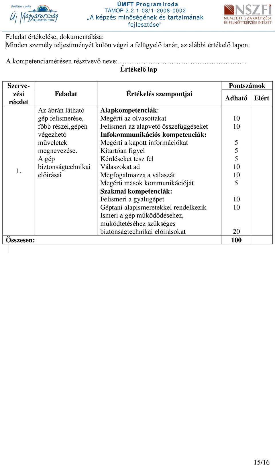 A gép biztonságtechnikai előírásai Értékelés szempontjai Alapkompetenciák: Megérti az olvasottakat Felismeri az alapvető összefüggéseket Infokommunikációs kompetenciák: Kitartóan figyel