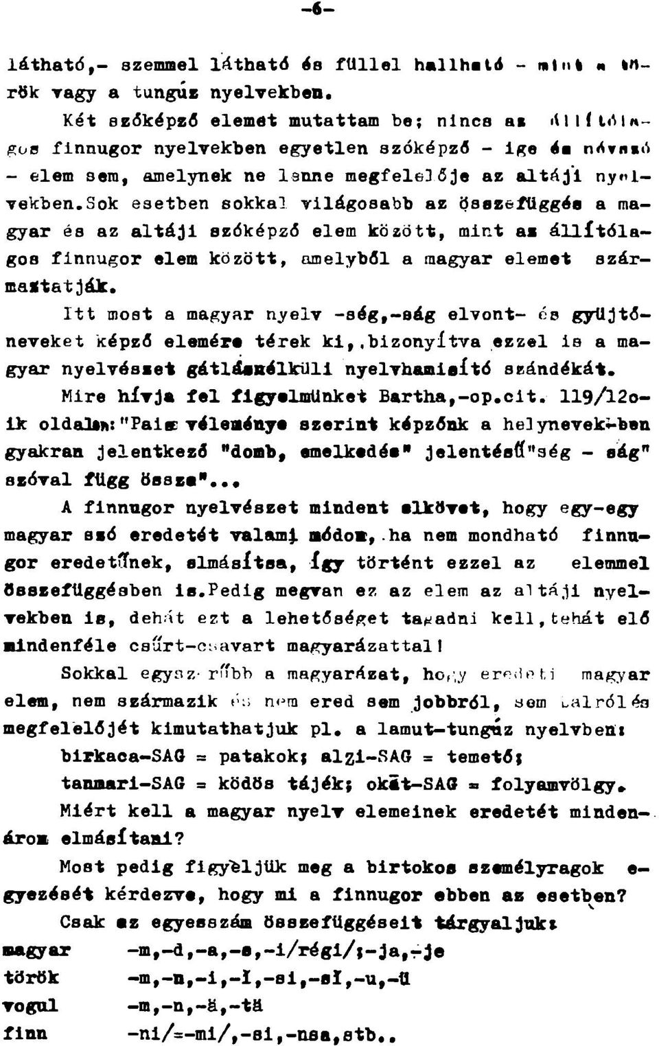 sok esetben sokkal világosabb az ösazefliggéa a magyar és az altáji szóképzó elem között, mint az állítólagos finnugor elem között, amelyből a magyar elemet származtat ják.