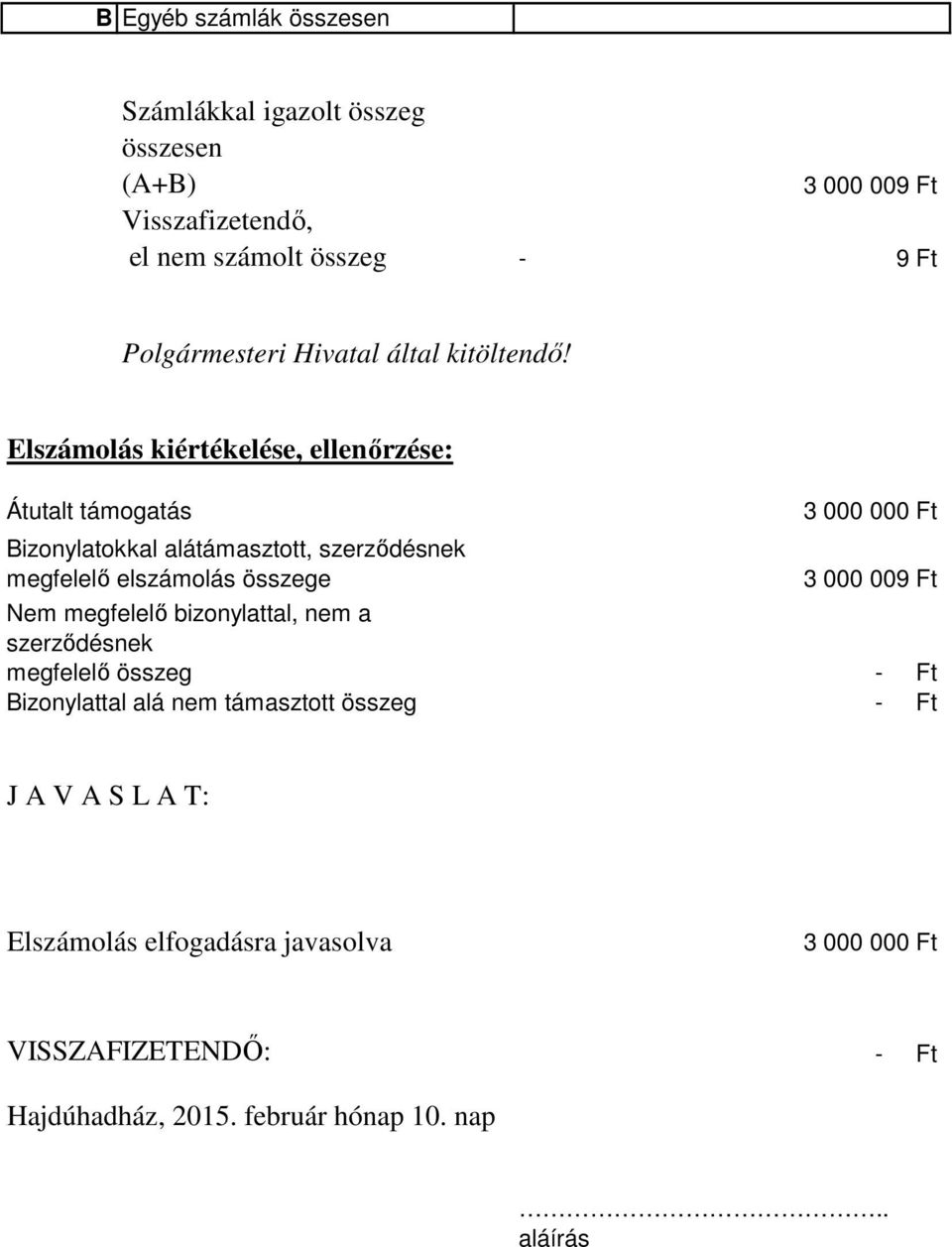 Elszámolás kiértékelése, ellenőrzése: Átutalt támogatás Bizonylatokkal alátámasztott, szerződésnek megfelelő elszámolás összege Nem