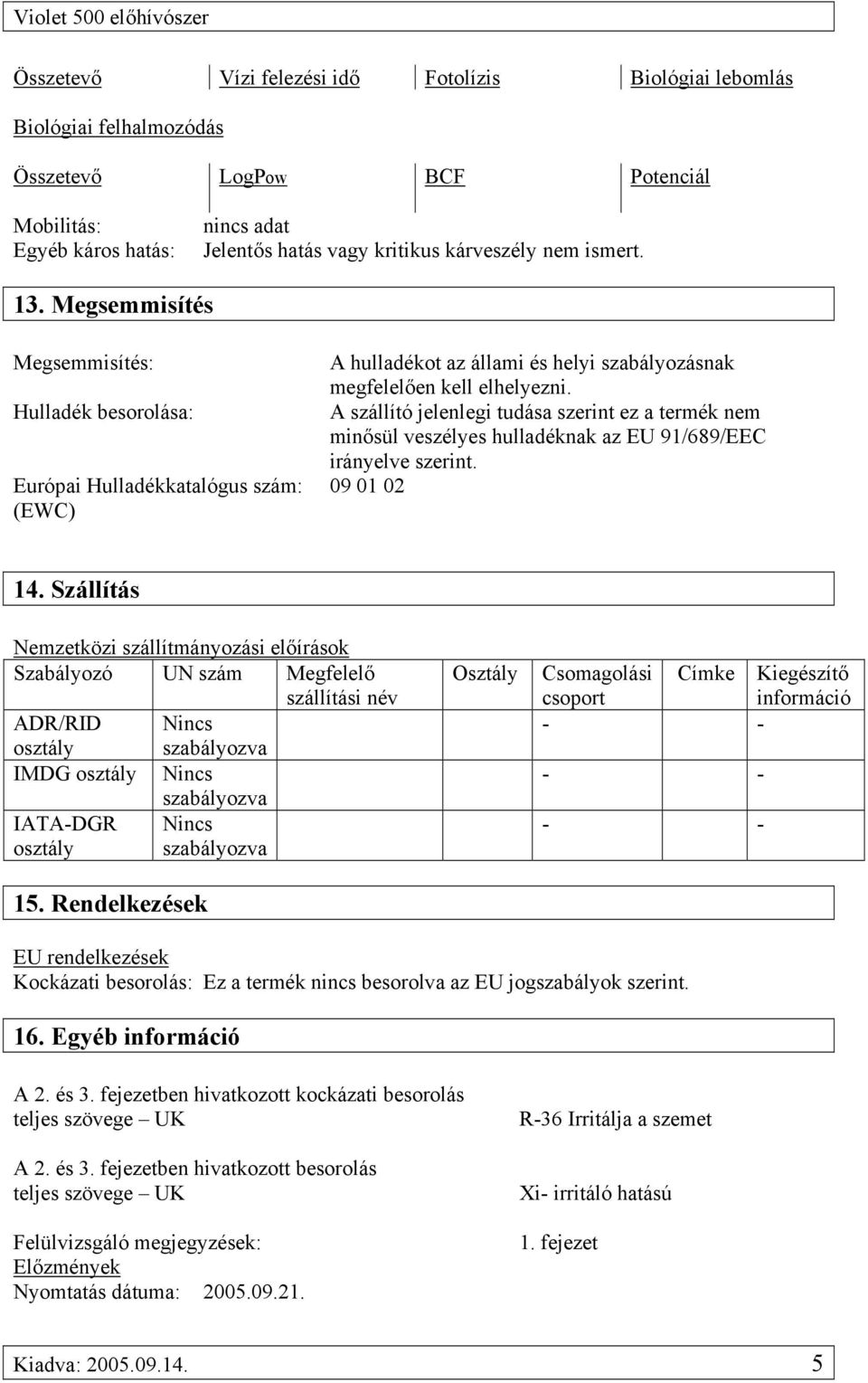 Hulladék besorolása: A szállító jelenlegi tudása szerint ez a termék nem minősül veszélyes hulladéknak az EU 91/689/EEC irányelve szerint. Európai Hulladékkatalógus szám: 09 01 02 (EWC) 14.