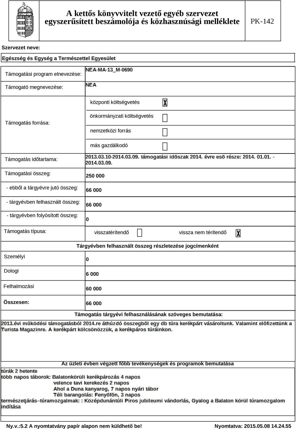 típusa: 250 000 66 000 66 000 0 visszatérítendő vissza nem térítendő Tárgyévben felhasznált összeg részletezése jogcímenként Személyi Dologi Felhalmozási