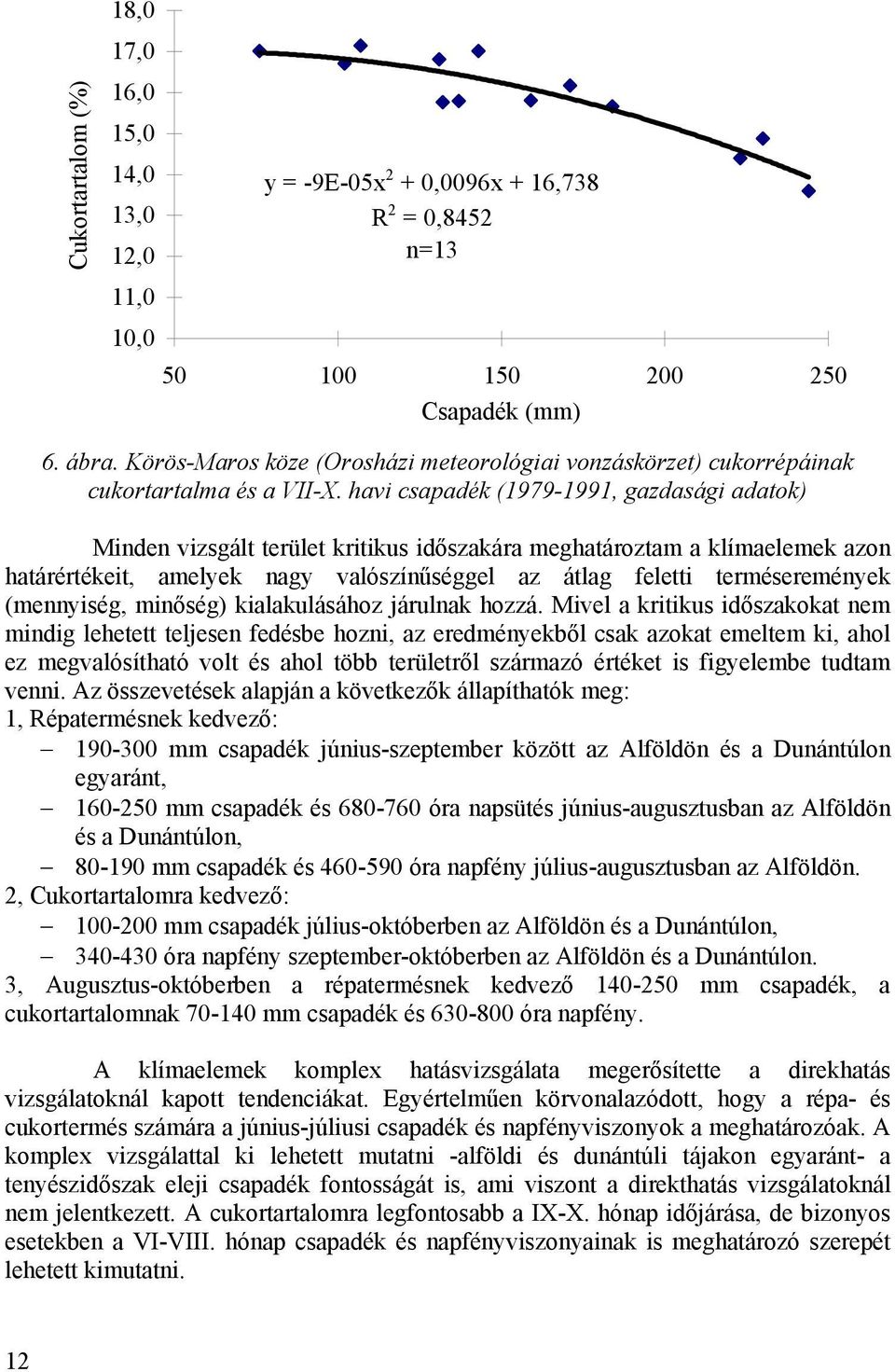 havi csapadék (1979-1991, gazdasági adatok) Minden vizsgált terület kritikus időszakára meghatároztam a klímaelemek azon határértékeit, amelyek nagy valószínűséggel az átlag feletti terméseremények