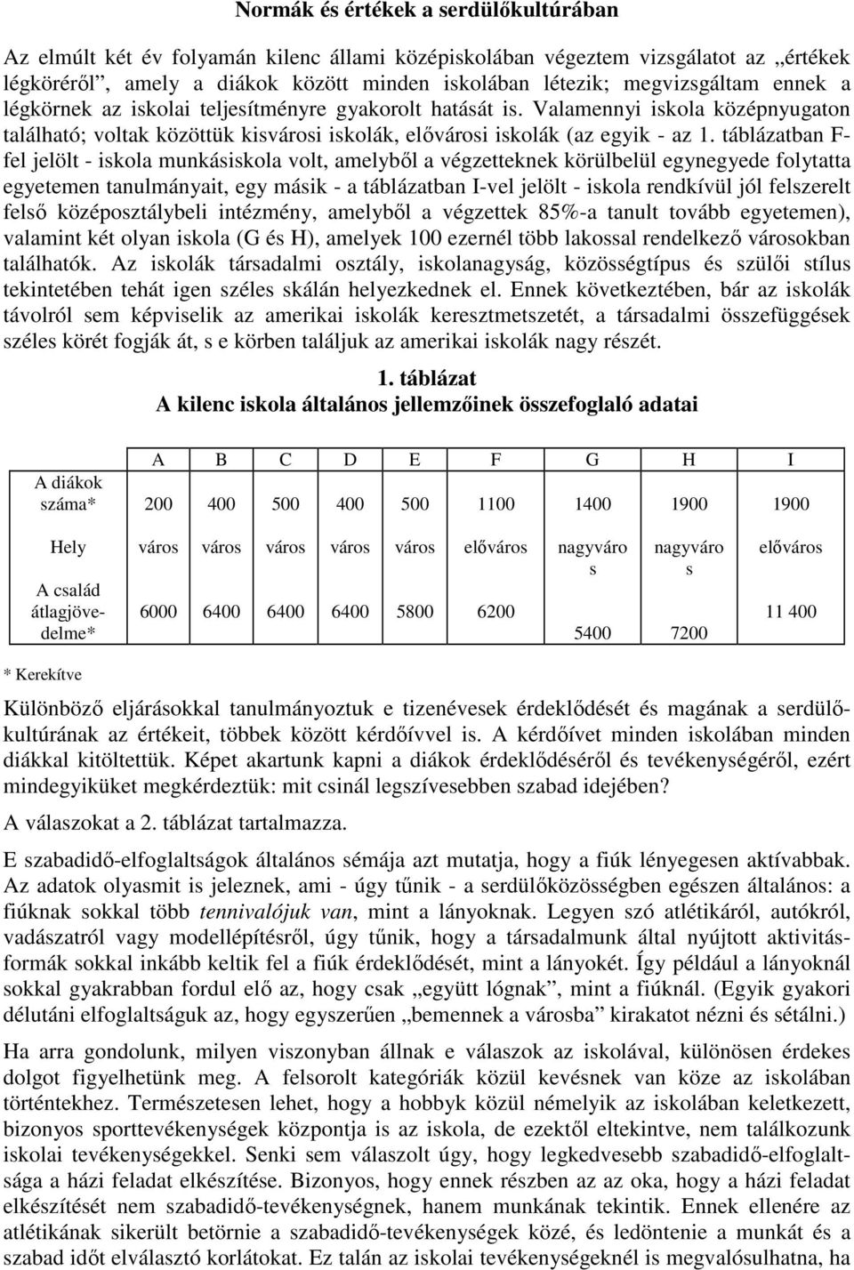 táblázatban F- fel jelölt - iskola munkásiskola volt, amelyből a végzetteknek körülbelül egynegyede folytatta egyetemen tanulmányait, egy másik - a táblázatban I-vel jelölt - iskola rendkívül jól