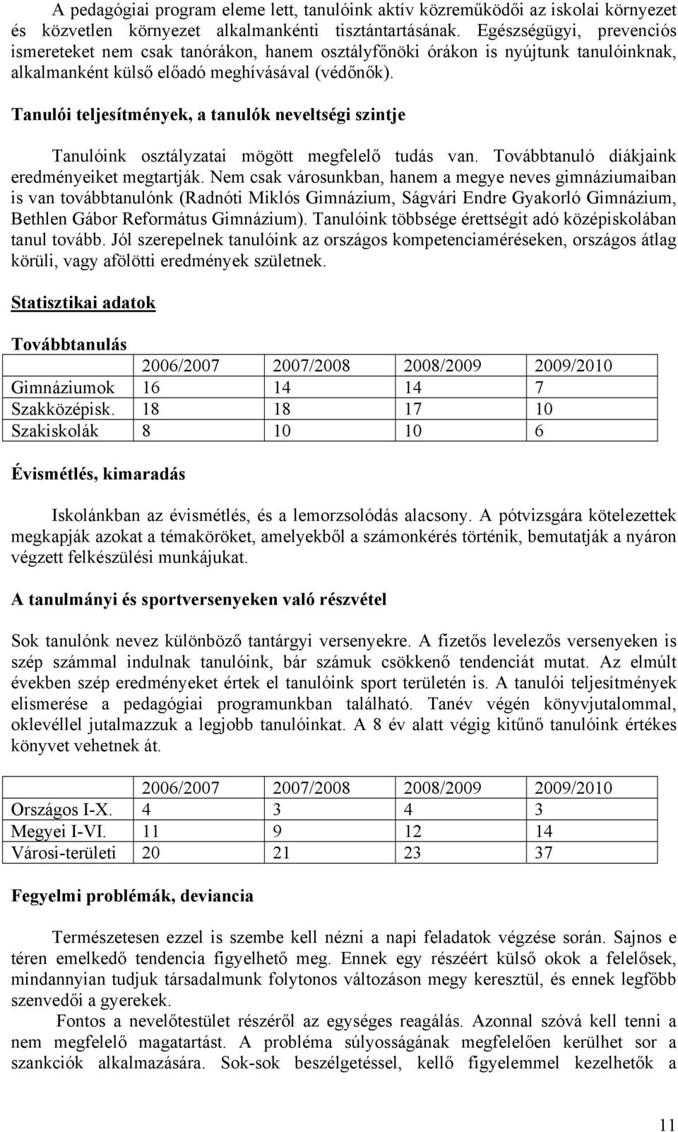 Tanulói teljesítmények, a tanulók neveltségi szintje Tanulóink osztályzatai mögött megfelelő tudás van. Továbbtanuló diákjaink eredményeiket megtartják.