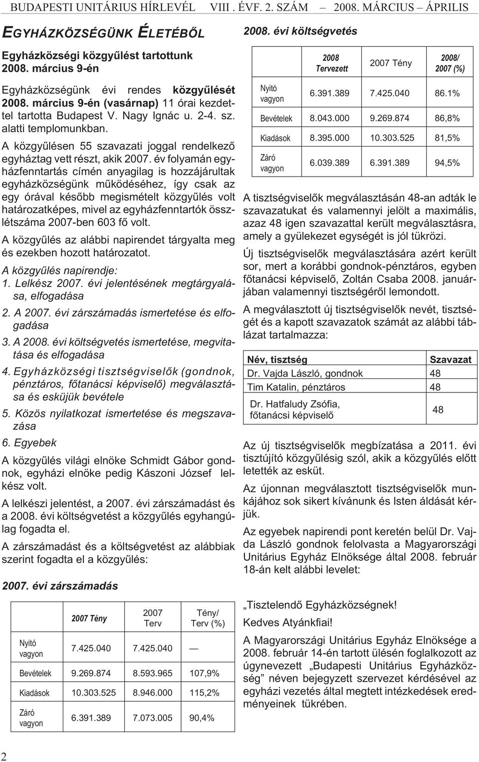 év folyamán egyházfenntartás címén anyagilag is hozzájárultak egyházközségünk mûködéséhez, így csak az egy órával késõbb megismételt közgyûlés volt határozatképes, mivel az egyházfenntartók