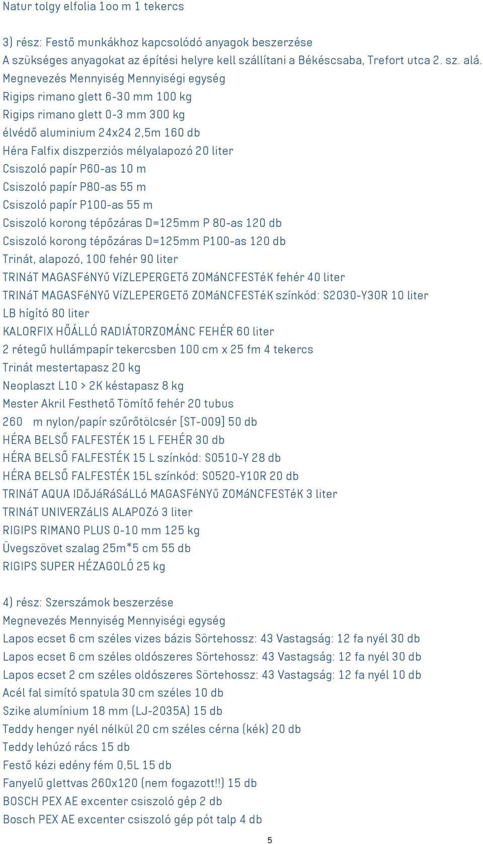 papír P60-as 10 m Csiszoló papír P80-as 55 m Csiszoló papír P100-as 55 m Csiszoló korong tépőzáras D=125mm P 80-as 120 db Csiszoló korong tépőzáras D=125mm P100-as 120 db Trinát, alapozó, 100 fehér