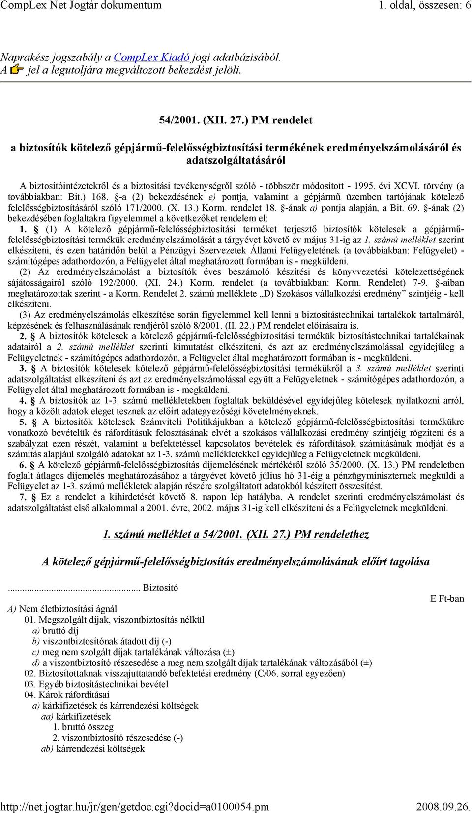 módosított - 1995. évi XCVI. törvény (a továbbiakban: Bit.) 168. -a (2) bekezdésének e) pontja, valamint a gépjármő üzemben tartójának kötelezı felelısségbiztosításáról szóló 171/2000. (X. 13.) Korm.