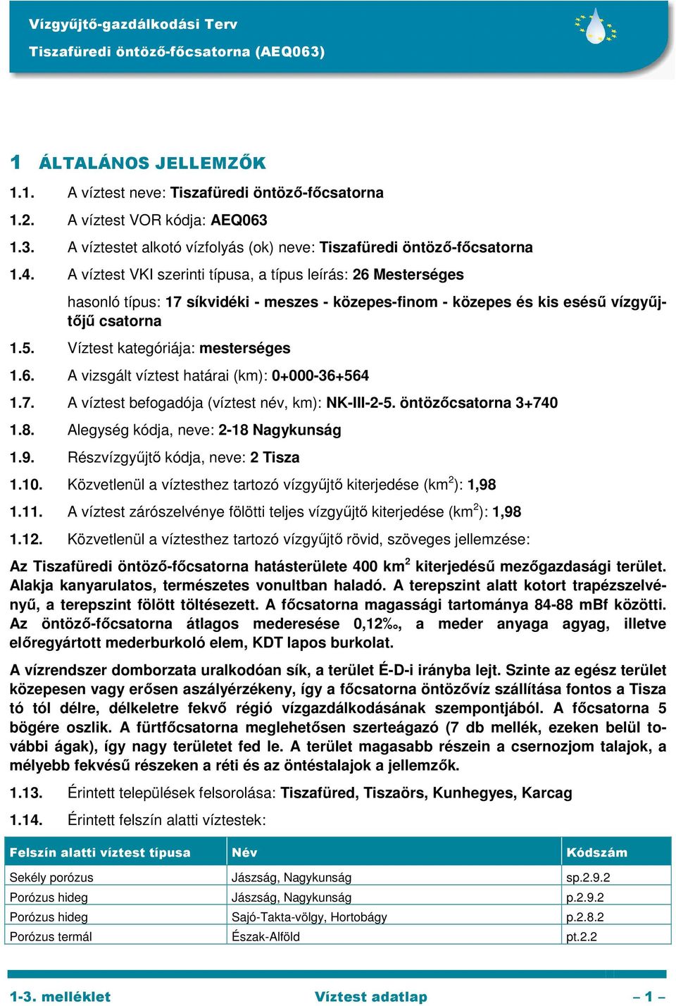 6. A vizsgált víztest határai (km): 0+000-36+564 1.7. A víztest befogadója (víztest név, km): NK-III-2-5. öntözőcsatorna 3+740 1.8. Alegység kódja, neve: 2-18 Nagykunság 1.9.