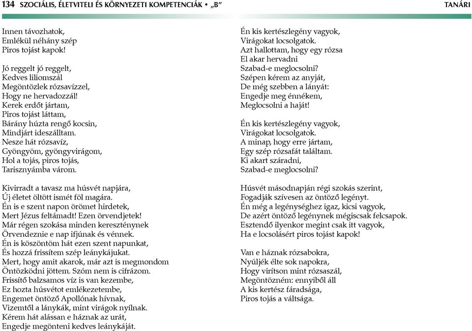 Nesze hát rózsavíz, Gyöngyöm, gyöngyvirágom, Hol a tojás, piros tojás, Tarisznyámba várom. Kivirradt a tavasz ma húsvét napjára, Új életet öltött ismét föl magára.