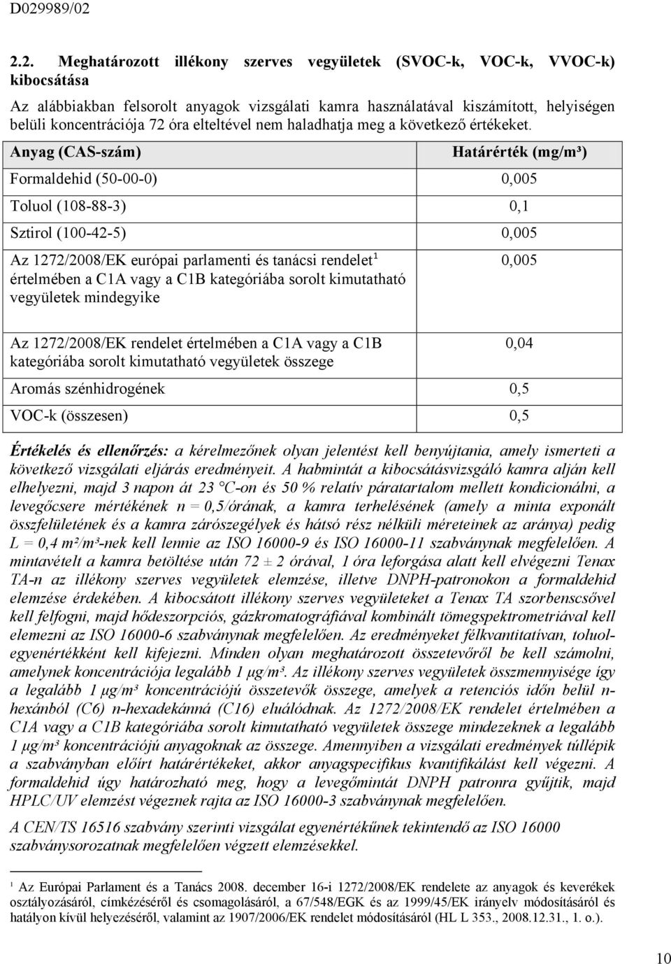 Anyag (CAS-szám) Határérték (mg/m³) Formaldehid (50-00-0) 0,005 Toluol (108-88-3) 0,1 Sztirol (100-42-5) 0,005 Az 1272/2008/EK európai parlamenti és tanácsi rendelet 1 értelmében a C1A vagy a C1B