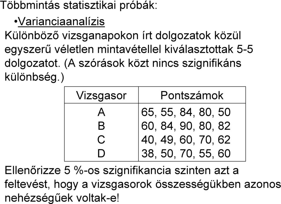 ) Vizsgasor A B C D Pontszámok 65, 55, 84, 80, 50 60, 84, 90, 80, 8 40, 49, 60, 70, 6 38, 50, 70, 55, 60