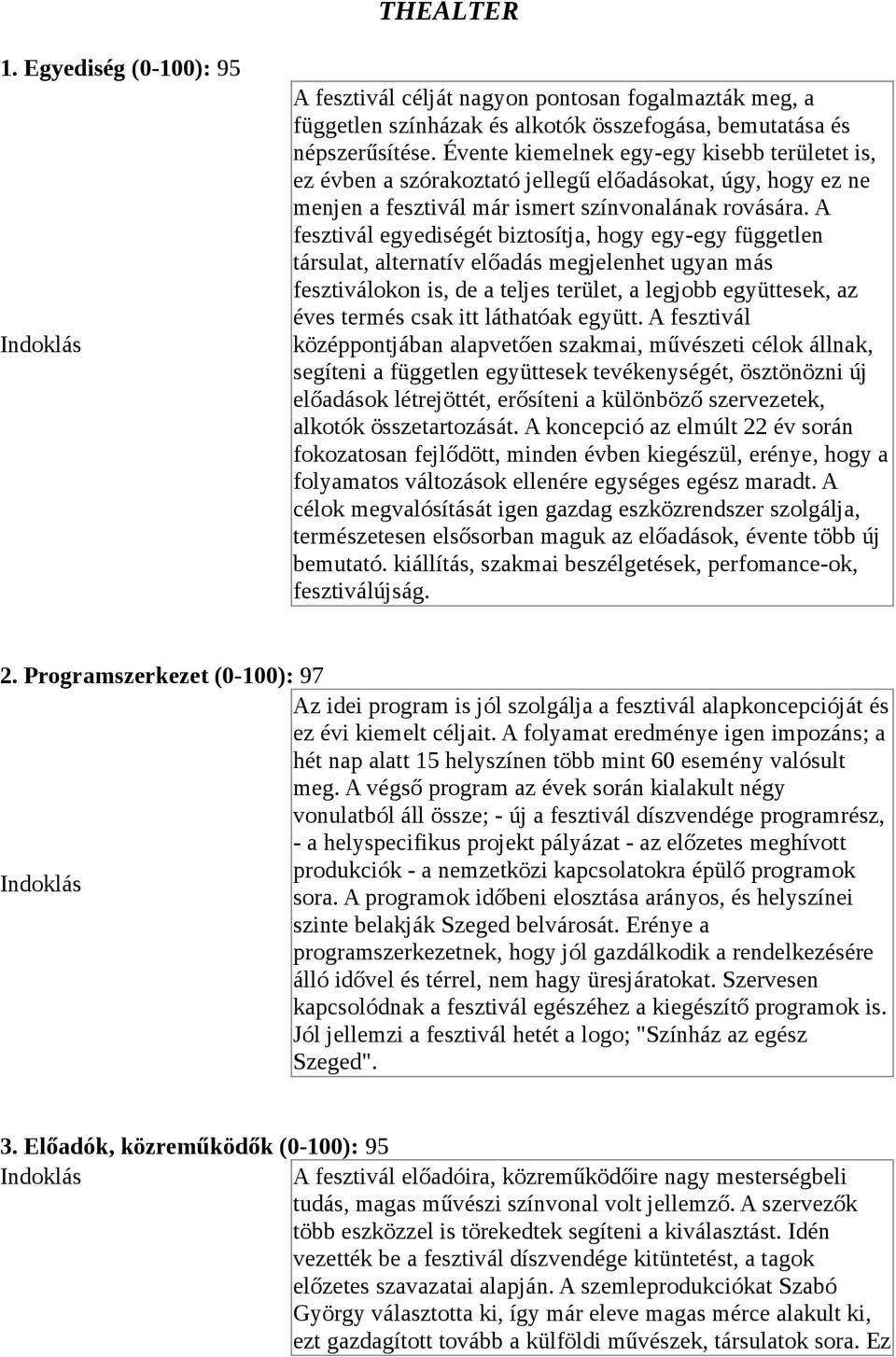 A fesztivál egyediségét biztosítja, hogy egy-egy független társulat, alternatív előadás megjelenhet ugyan más fesztiválokon is, de a teljes terület, a legjobb együttesek, az éves termés csak itt