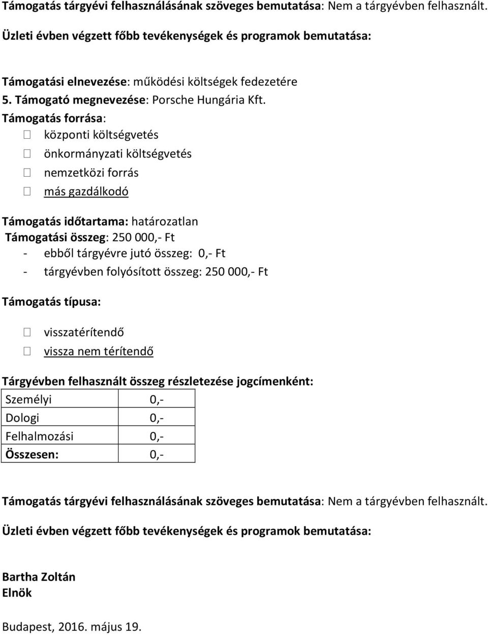 Támogatási összeg: 250 000,- Ft - ebből tárgyévre jutó összeg: 0,- Ft - tárgyévben folyósított összeg: 250 000,- Ft Dologi 0,-