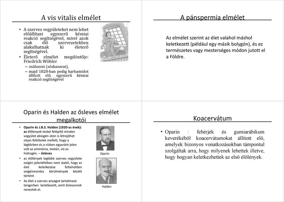 valahol máshol keletkezett (például egy másik bolygón), és ez természetes vagy mesterséges módon jutott el a Földre. Oparin és Haldenaz ősleves elmélet megalkotói Oparinés J.B.S.