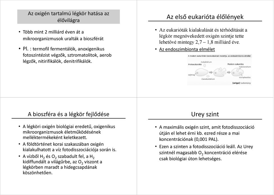 Az első eukarióta élőlények Az eukarióták kialakulását és térhódítását a légkör megnövekedett oxigén szintje tette lehetővé mintegy 2,7 1,8 milliárd éve.