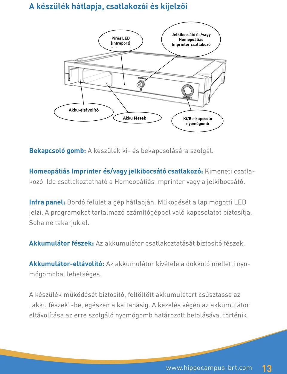 Ide csatlakoztatható a Homeopátiás imprinter vagy a jelkibocsátó. Infra panel: Bordó felület a gép hátlapján. Működését a lap mögötti LED jelzi.