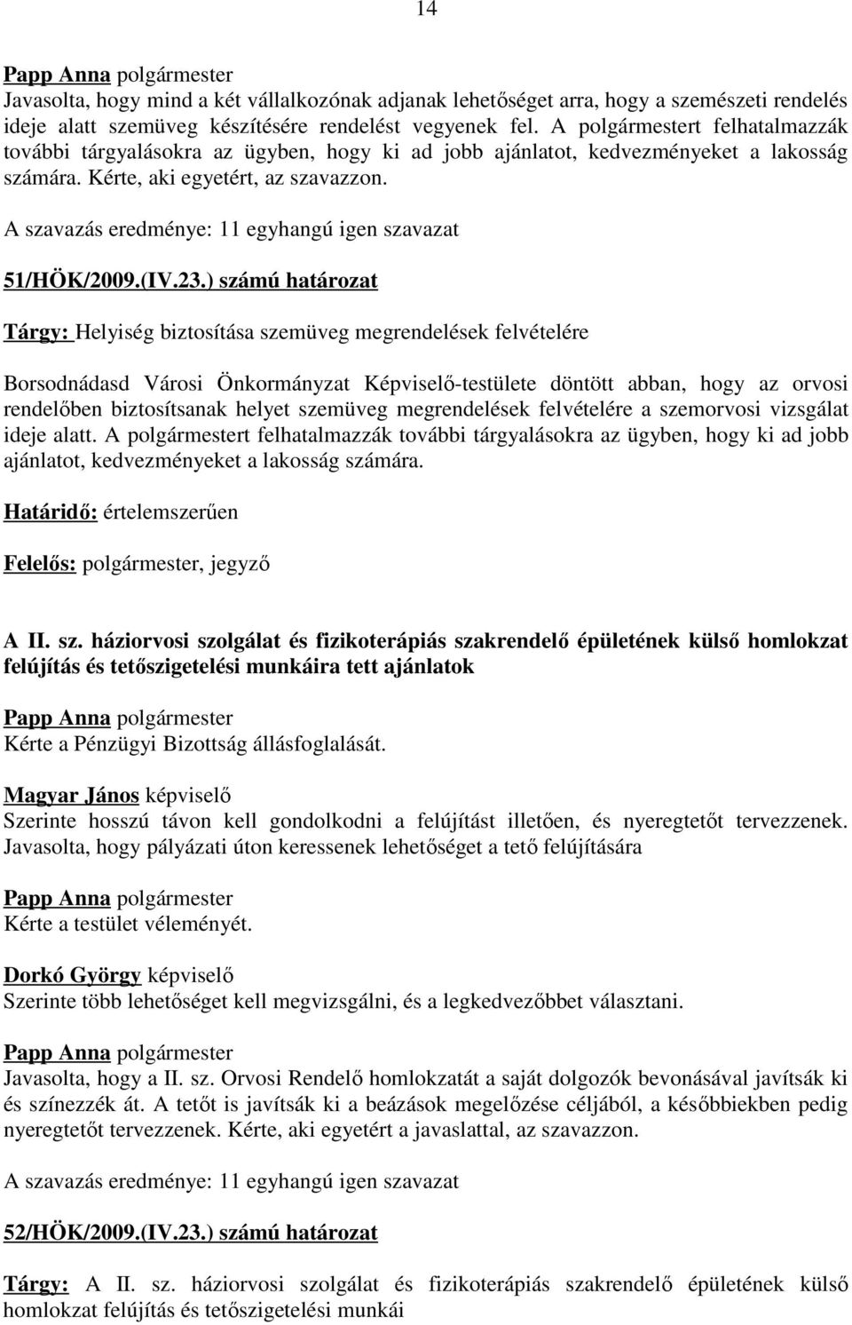 A szavazás eredménye: 11 egyhangú igen szavazat 51/HÖK/2009.(IV.23.