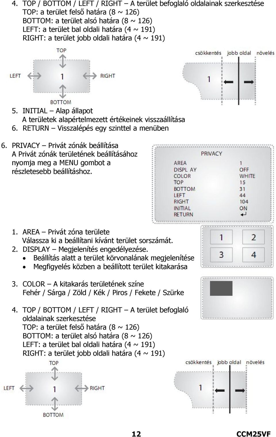 PRIVACY Privát zónák beállítása A Privát zónák területének beállításához nyomja meg a MENU gombot a részletesebb beállításhoz. 1.