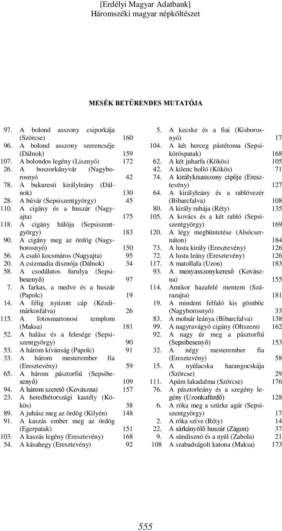 hálója A cigány meg az ördög (Nagyborosnyó) A csaló kocsmáros (Nagyajta) A csizmadia disznója A csodálatos furulya (Sepsibesenyő) A farkas, a medve és a huszár (Papolc) A félig nyúzott cáp A