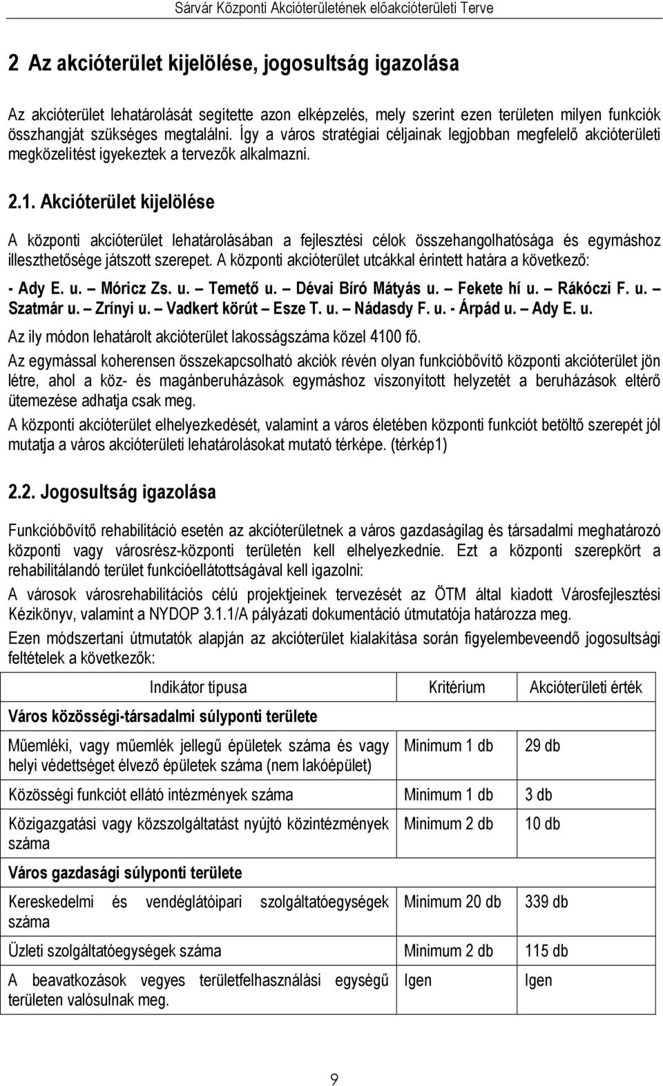 Akcióterület kijelölée A központi kcióterület lehtároláábn i célok özehngolhtóág é egymához illezthetıége játzott zerepet. A központi kcióterület ákkl érintett htár következı: - Ady E. u. Móricz Z. u. Temetı u.