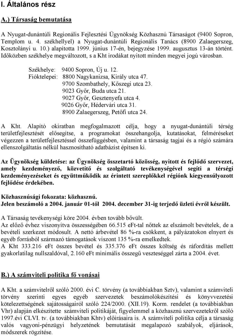 Időközben székhelye megváltozott, s a Kht irodákat nyitott minden megyei jogú városban. Székhelye: 9400 Sopron, Új u. 12. Fióktelepei: 8800 Nagykanizsa, Király utca 47.