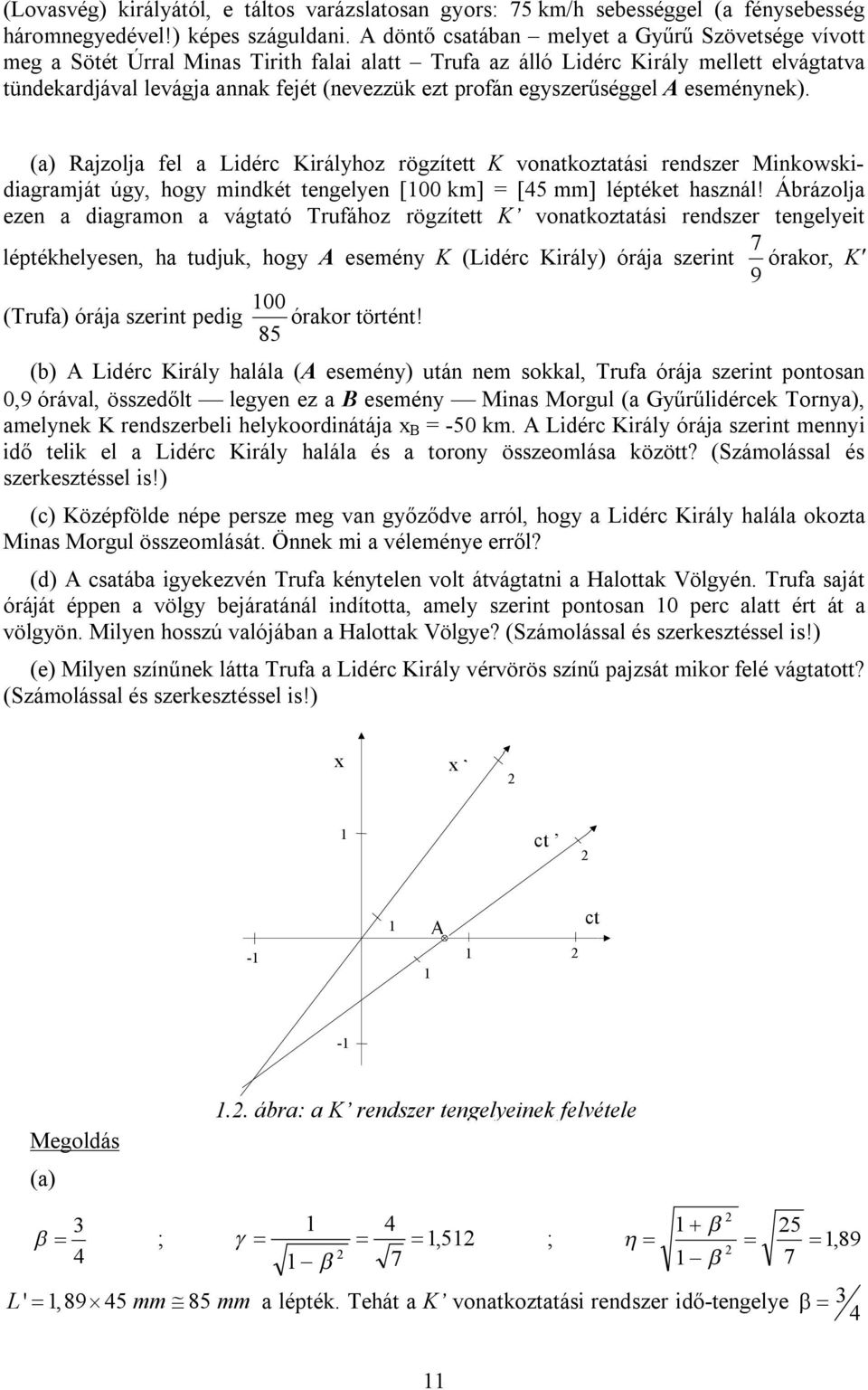 egyszerűséggel A eseménynek). (a) Rajzolja fel a Lidérc Királyhoz rögzített K vonatkoztatási rendszer Minkowskidiagramját úgy, hogy mindkét tengelyen [100 km] = [45 mm] léptéket használ!