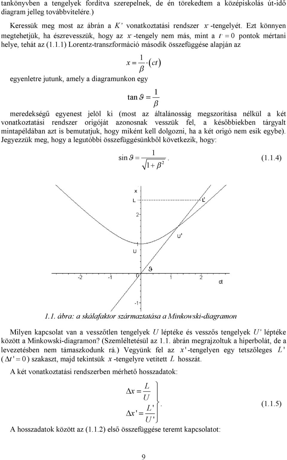 1.1) Lorentz-transzformáció második összefüggése alapján az 1 x ct egyenletre jutunk, amely a diagramunkon egy 1 tan meredekségű egyenest jelöl ki (most az általánosság megszorítása nélkül a két