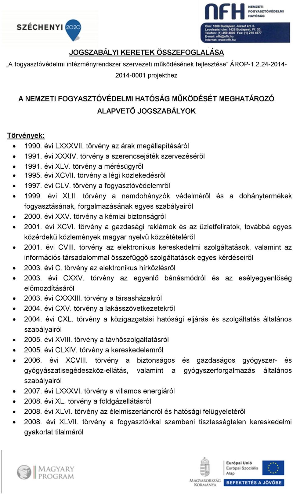 törvény a szerencsejáték szervezéséről 1991. évi XLV. törvény a mérésügyről 1995. évi XCVII. törvény a légi közlekedésről 1997. évi CLV. törvény a fogyasztóvédelemről 1999. évi XLII.