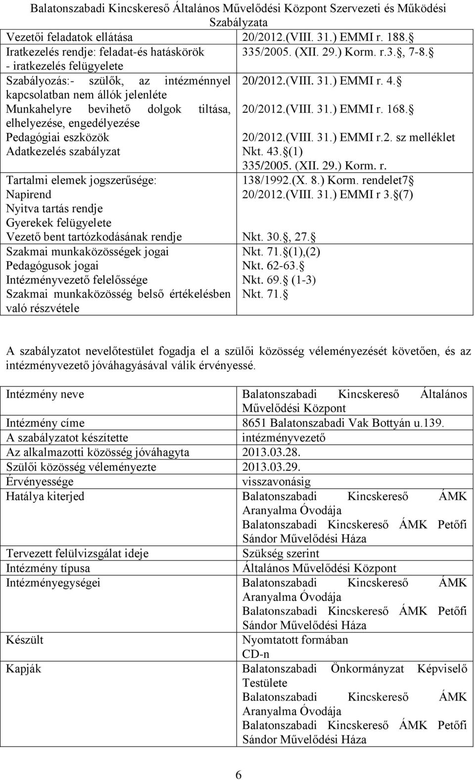 kapcsolatban nem állók jelenléte Munkahelyre bevihető dolgok tiltása, 20/2012.(VIII. 31.) EMMI r. 168. elhelyezése, engedélyezése Pedagógiai eszközök 20/2012.(VIII. 31.) EMMI r.2. sz melléklet Adatkezelés szabályzat Nkt.