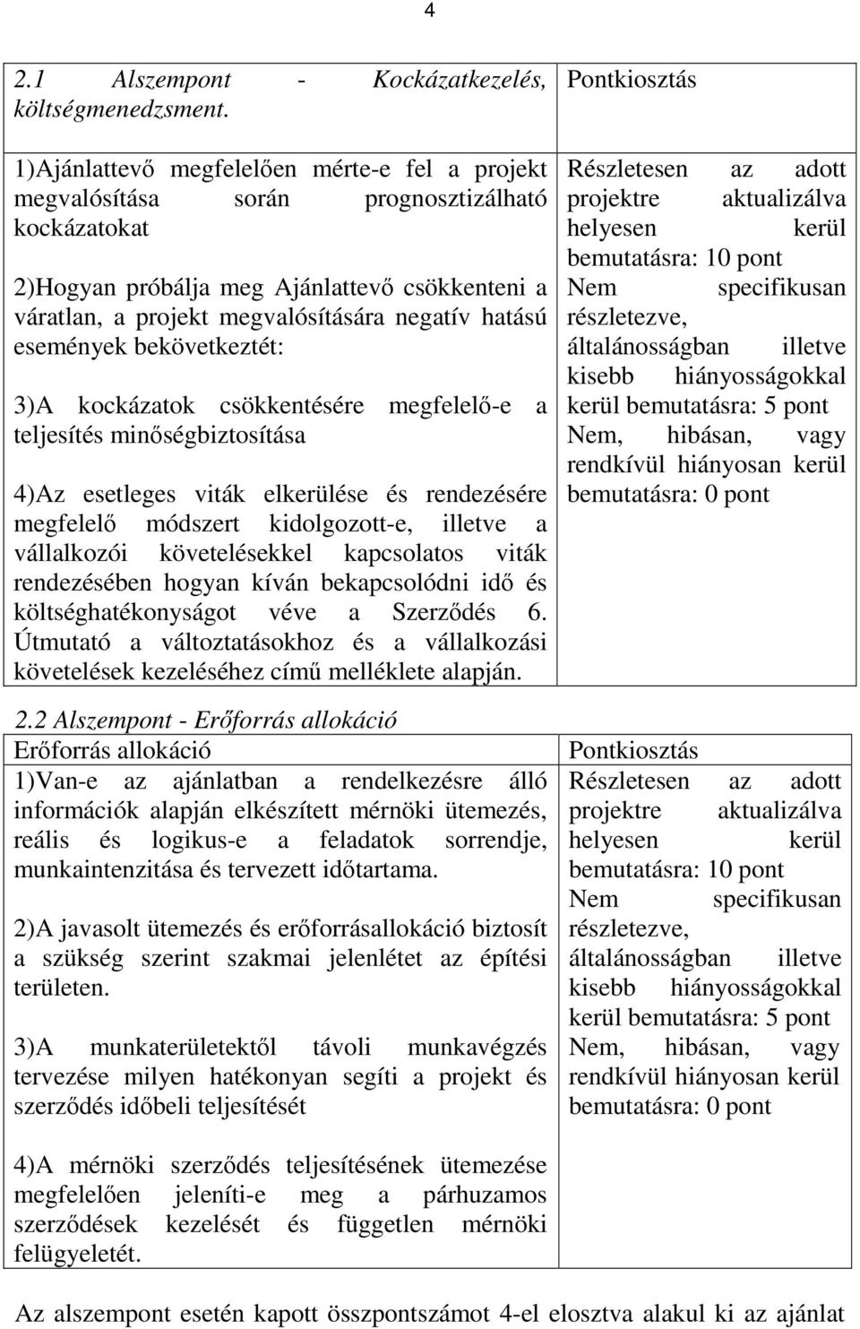 események bekövetkeztét: 3)A kockázatok csökkentésére megfelelő-e a teljesítés minőségbiztosítása 4)Az esetleges viták elkerülése és rendezésére megfelelő módszert kidolgozott-e, illetve a