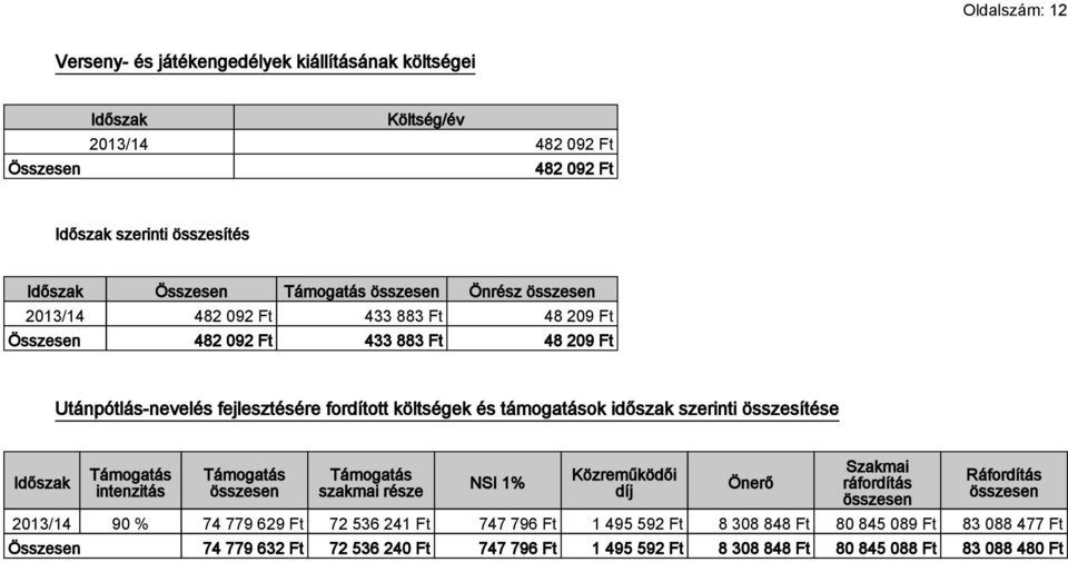 összesítése intenzitás szakmai része NSI 1% Közreműködői díj Önerő Szakmai ráfordítás Ráfordítás 90 % 74 779 629 Ft 72 536 241 Ft 747 796 Ft 1