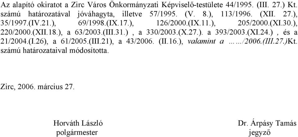 (XI.30.), 220/2000.(XII.18.), a 63/2003.(III.31.), a 330/2003.(X.27.). a 393/2003.(XI.24.), és a 21/2004.(I.26), a 61/2005.(III.21), a 43/2006.