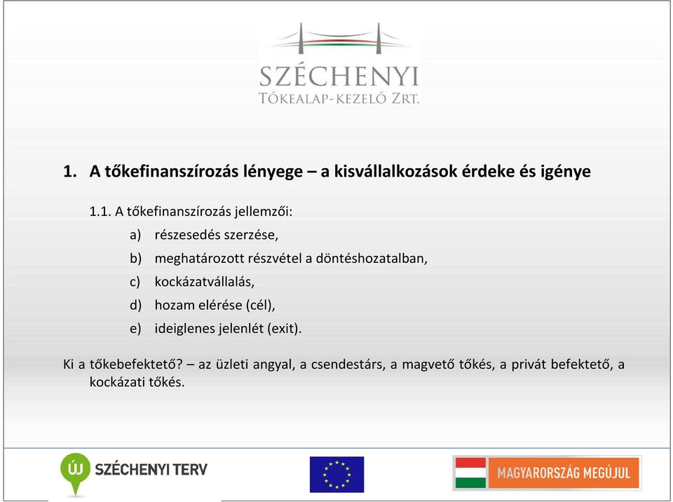 döntéshozatalban, c) kockázatvállalás, d) hozam elérése (cél), e) ideiglenes jelenlét