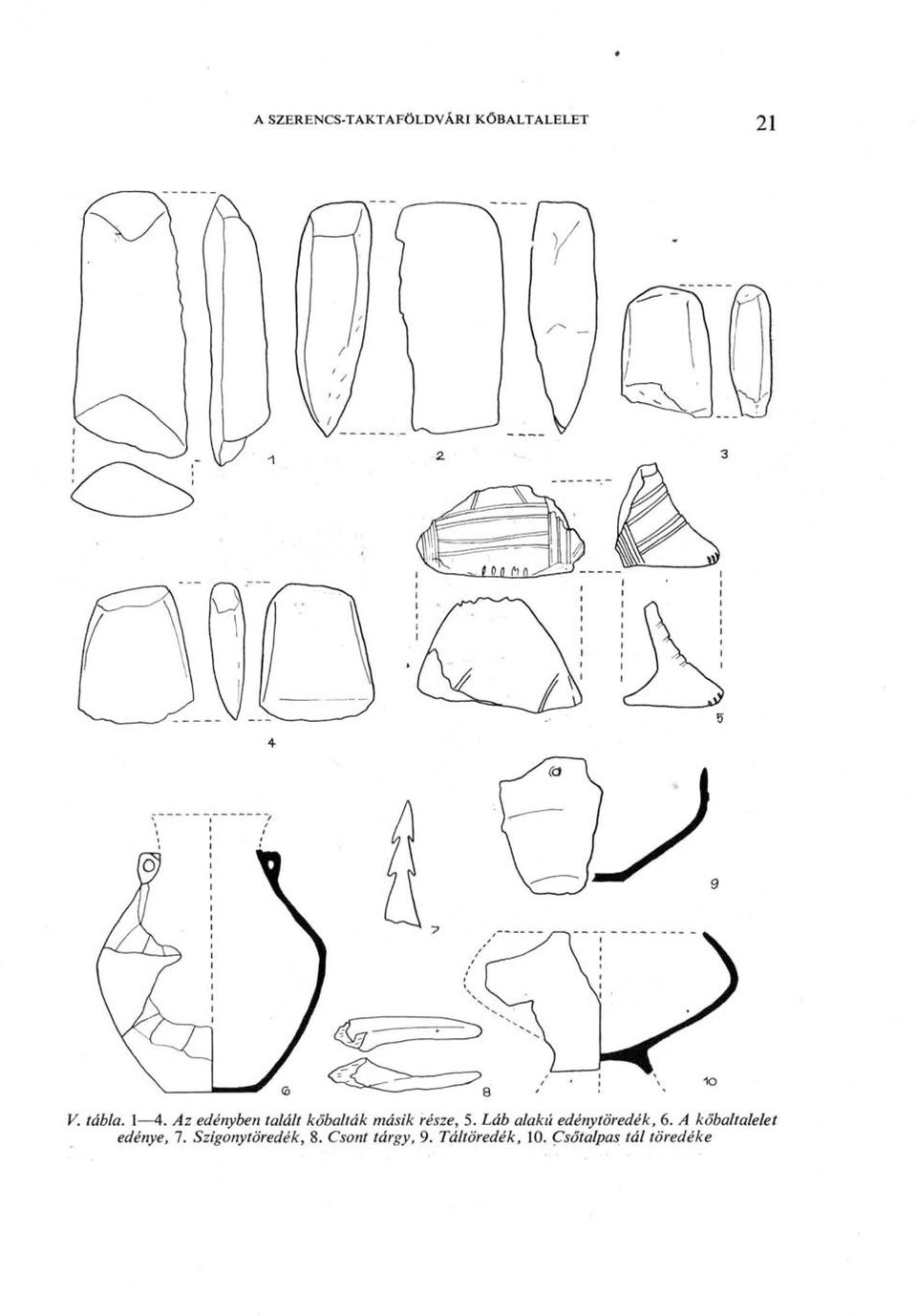 Láb alakú edénytöredék, 6. A kőbaltalelet edénye, 7.