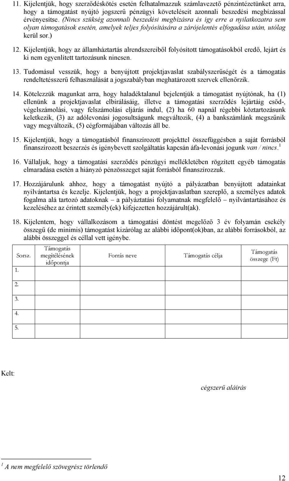 Kijelentjük, hogy az államháztartás alrendszereibfl folyósított támogatásokból eredf, lejárt és ki nem egyenlített tartozásunk nincsen. 13.