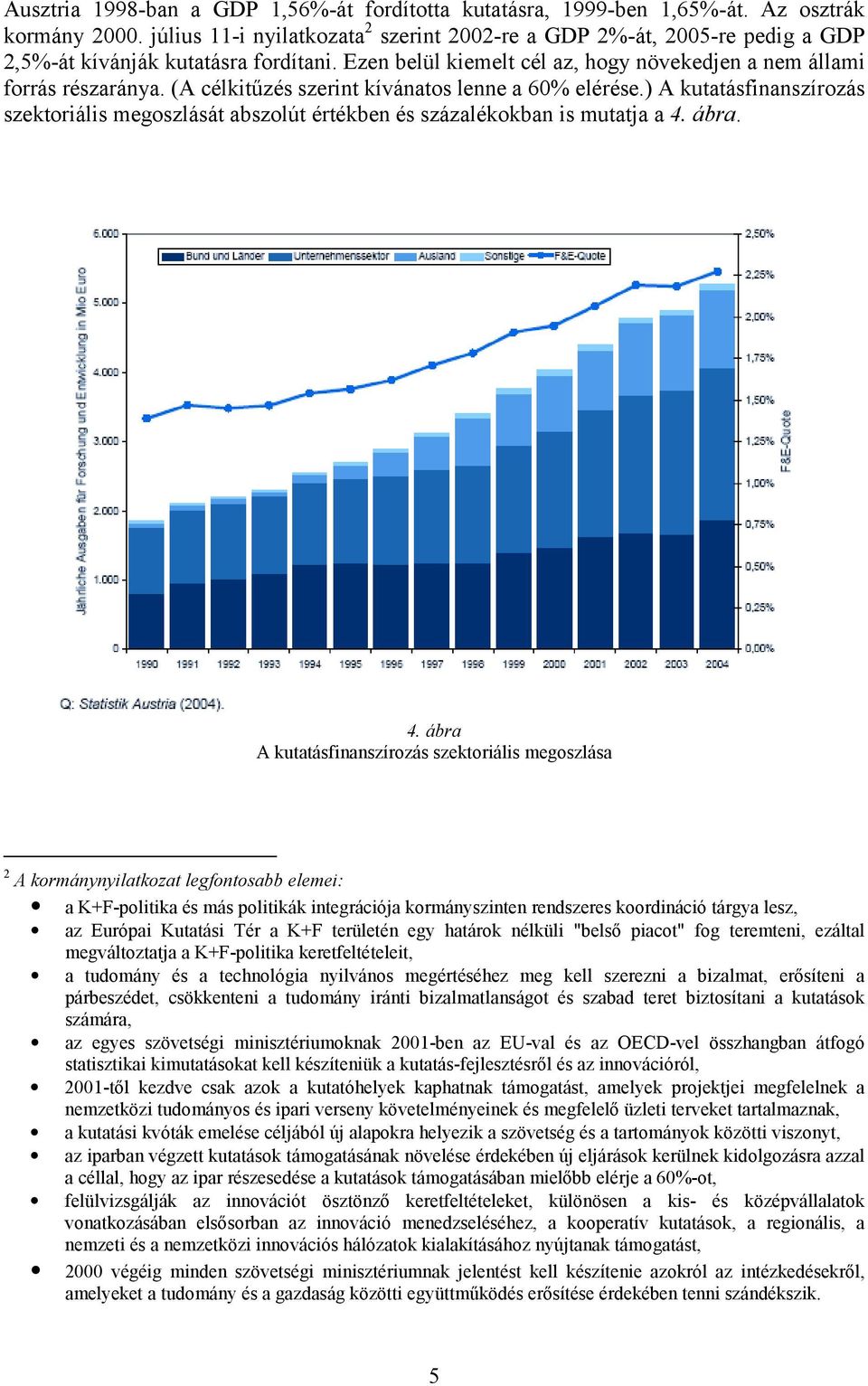 (A célkitűzés szerint kívánatos lenne a 60% elérése.) A kutatásfinanszírozás szektoriális megoszlását abszolút értékben és százalékokban is mutatja a 4.