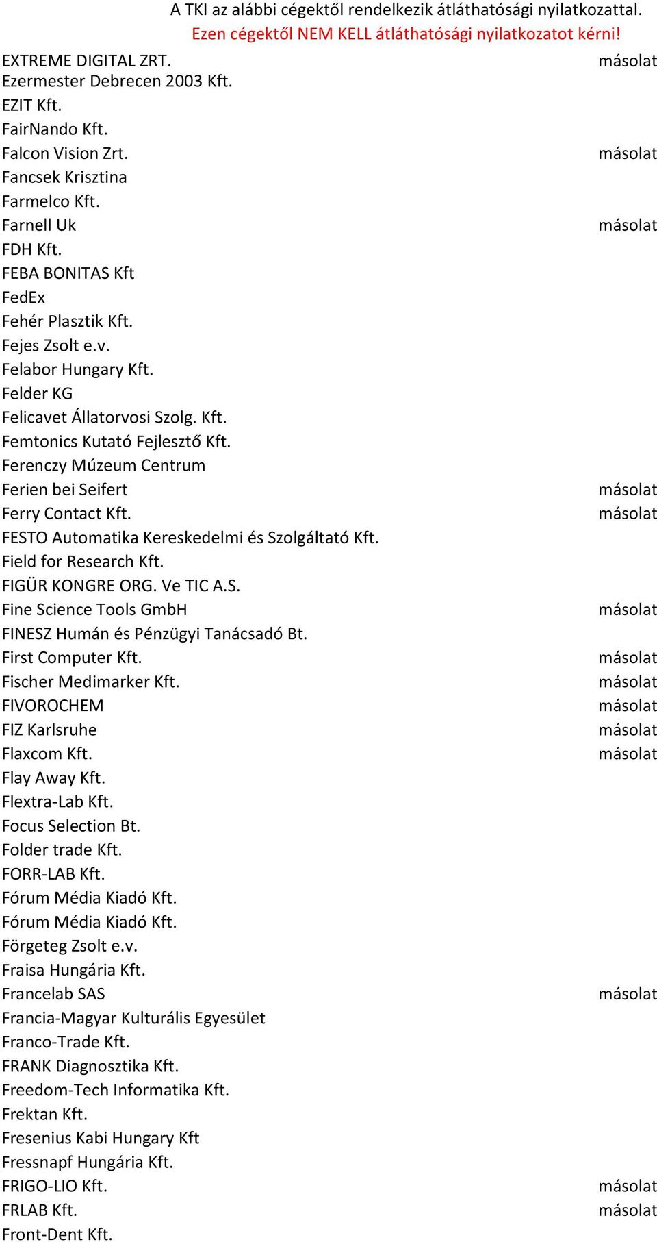 FESTO Automatika Kereskedelmi és Szolgáltató Kft. Field for Research Kft. FIGÜR KONGRE ORG. Ve TIC A.S. Fine Science Tools GmbH FINESZ Humán és Pénzügyi Tanácsadó Bt. First Computer Kft.