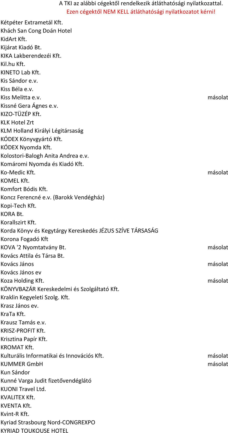 Komfort Bódis Kft. Koncz Ferencné e.v. (Barokk Vendégház) Kopi-Tech Kft. KORA Bt. Korallszirt Kft. Korda Könyv és Kegytárgy Kereskedés JÉZUS SZÍVE TÁRSASÁG Korona Fogadó Kft KOVA '2 Nyomtatvány Bt.