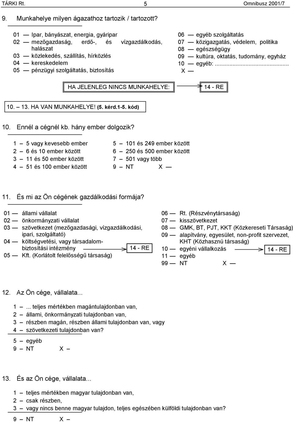 MUNKAHELYE: 06 egyéb szolgáltatás 07 közigazgatás, védelem, politika 08 egészségügy 09 kultúra, oktatás, tudomány, egyház 10 egyéb:... X 14 - RE 10. 13. HA VAN MUNKAHELYE! (5. kérd.1-5. kód) 10.