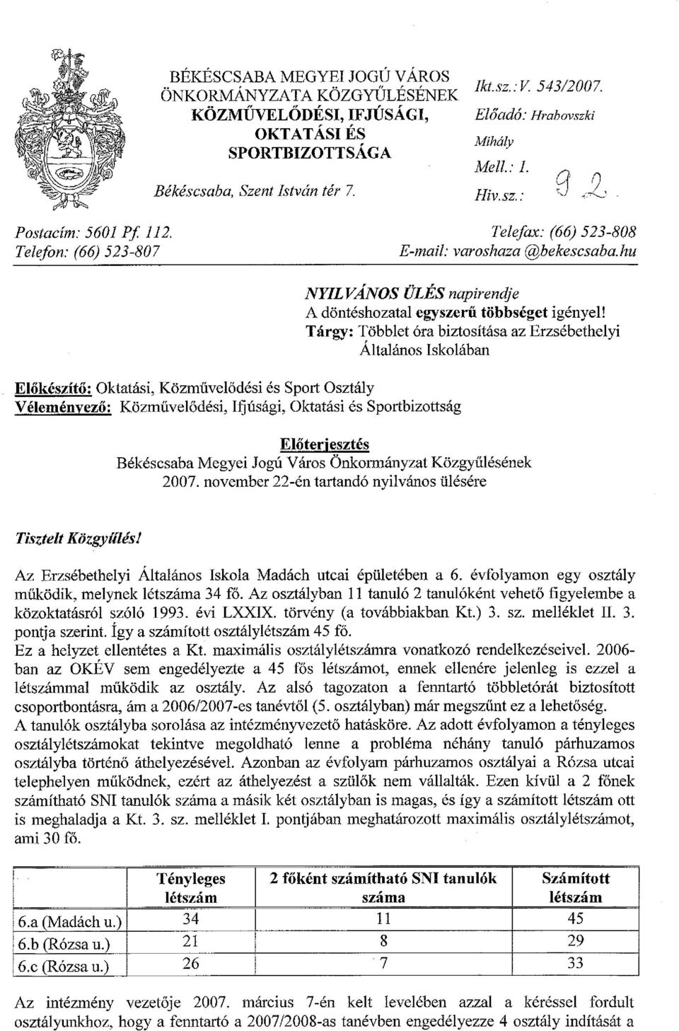 Tárgy: Többlet óra biztosítása az Erzsébethelyi Általános Iskolában Előkészítő: Oktatási, Közművelődési és Sport Osztály Véleményező: Közmüvelődési, Ifjúsági, Oktatási és Sportbizottság Előterjesztés