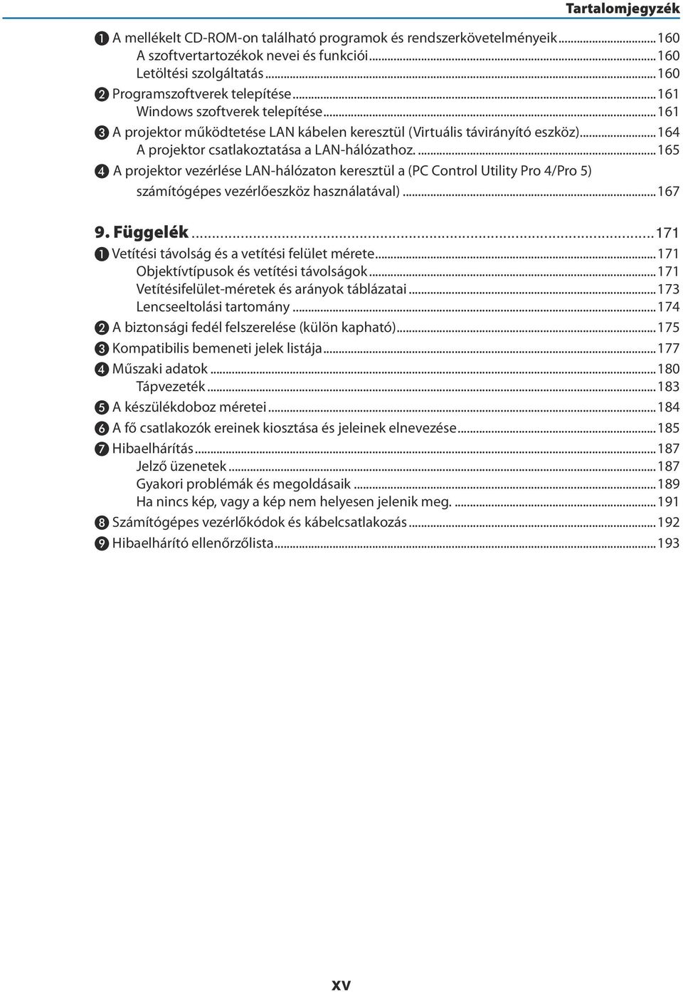 ..165 ❹ A projektor vezérlése LAN-hálózaton keresztül a (PC Control Utility Pro 4/Pro 5) számítógépes vezérlőeszköz használatával)...167 9. Függelék.