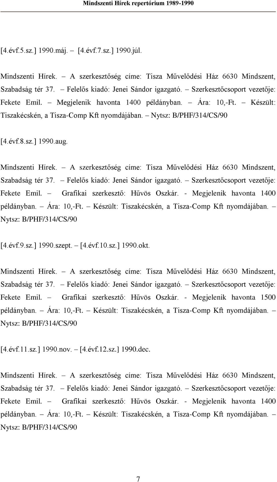 Mindszenti Hírek. A szerkesztőség címe: Tisza Művelődési Ház 6630 Mindszent, Szabadság tér 37. Felelős kiadó: Jenei Sándor igazgató. Szerkesztőcsoport vezetője: Fekete Emil.