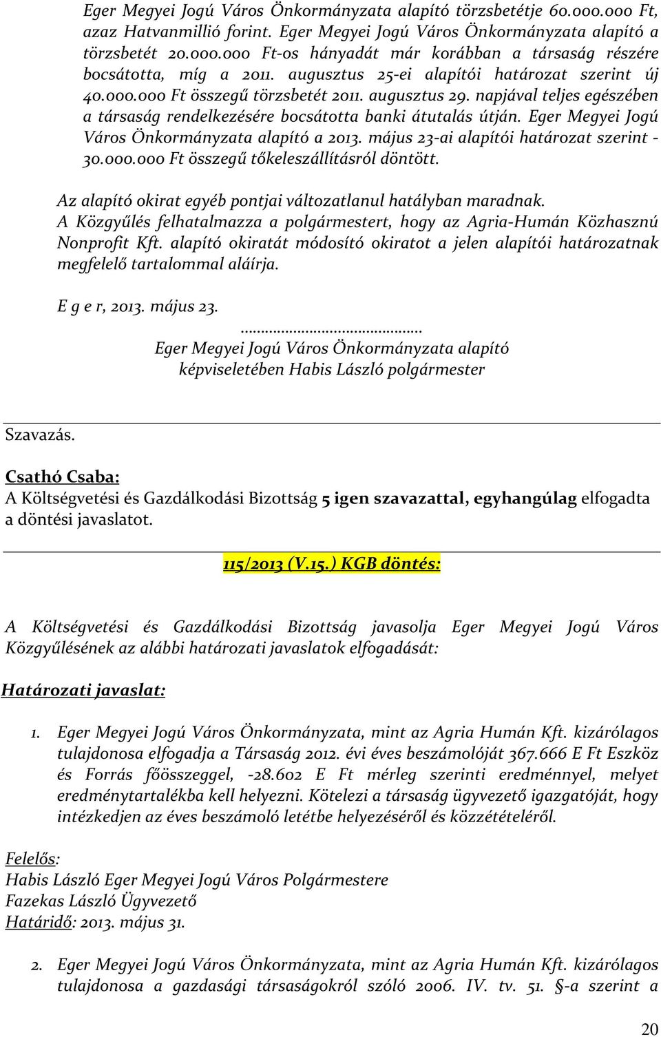 Eger Megyei Jogú Város Önkormányzata alapító a 2013. május 23-ai alapítói határozat szerint - 30.000.000 Ft összegű tőkeleszállításról döntött.