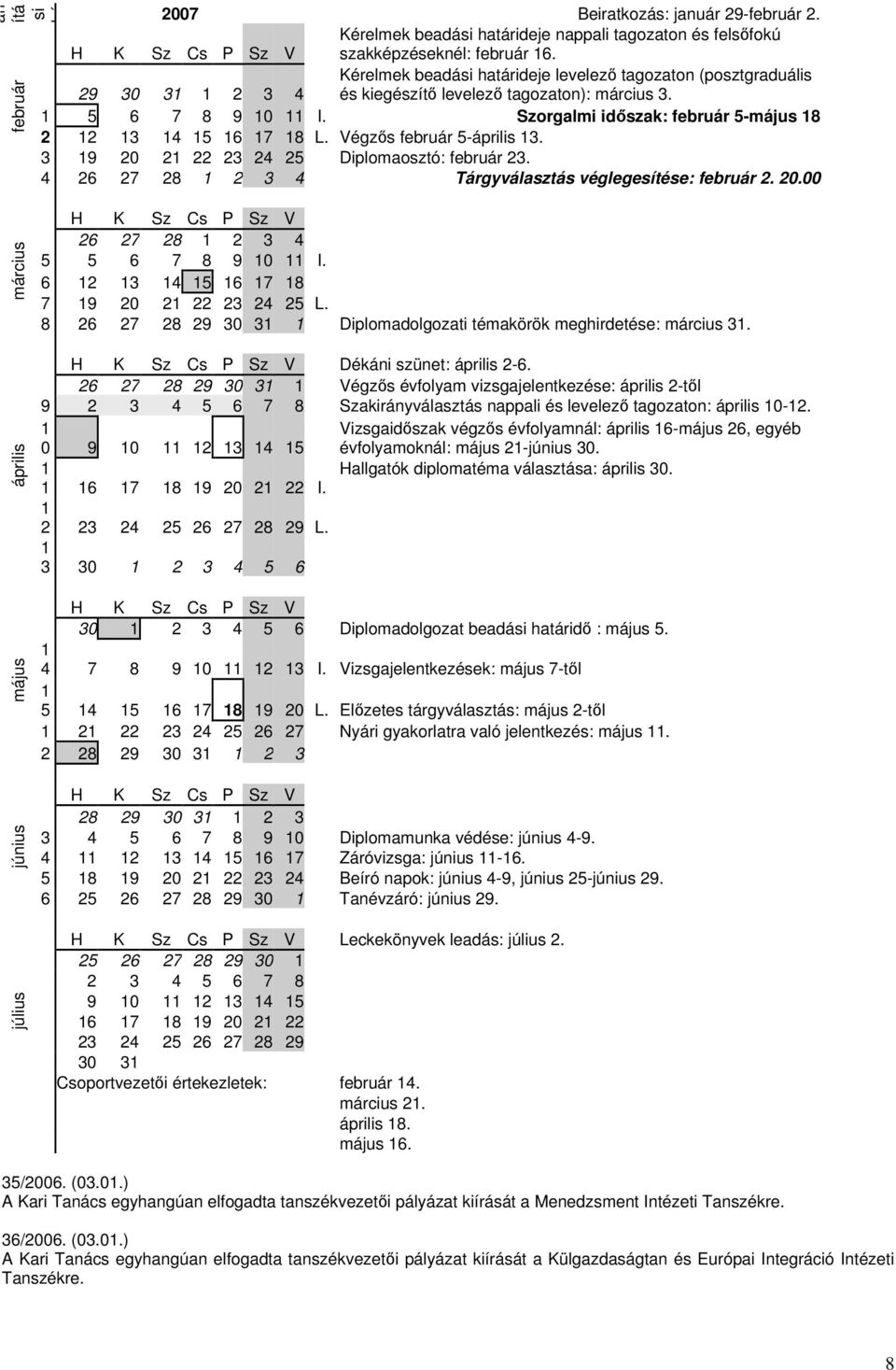 Végzős február 5-április 3. 3 9 20 2 22 23 24 25 Diplomaosztó: február 23. 4 26 27 28 2 3 4 Tárgyválasztás véglegesítése: február 2. 20.00 március április május június 26 27 28 2 3 4 5 5 6 7 8 9 0 I.