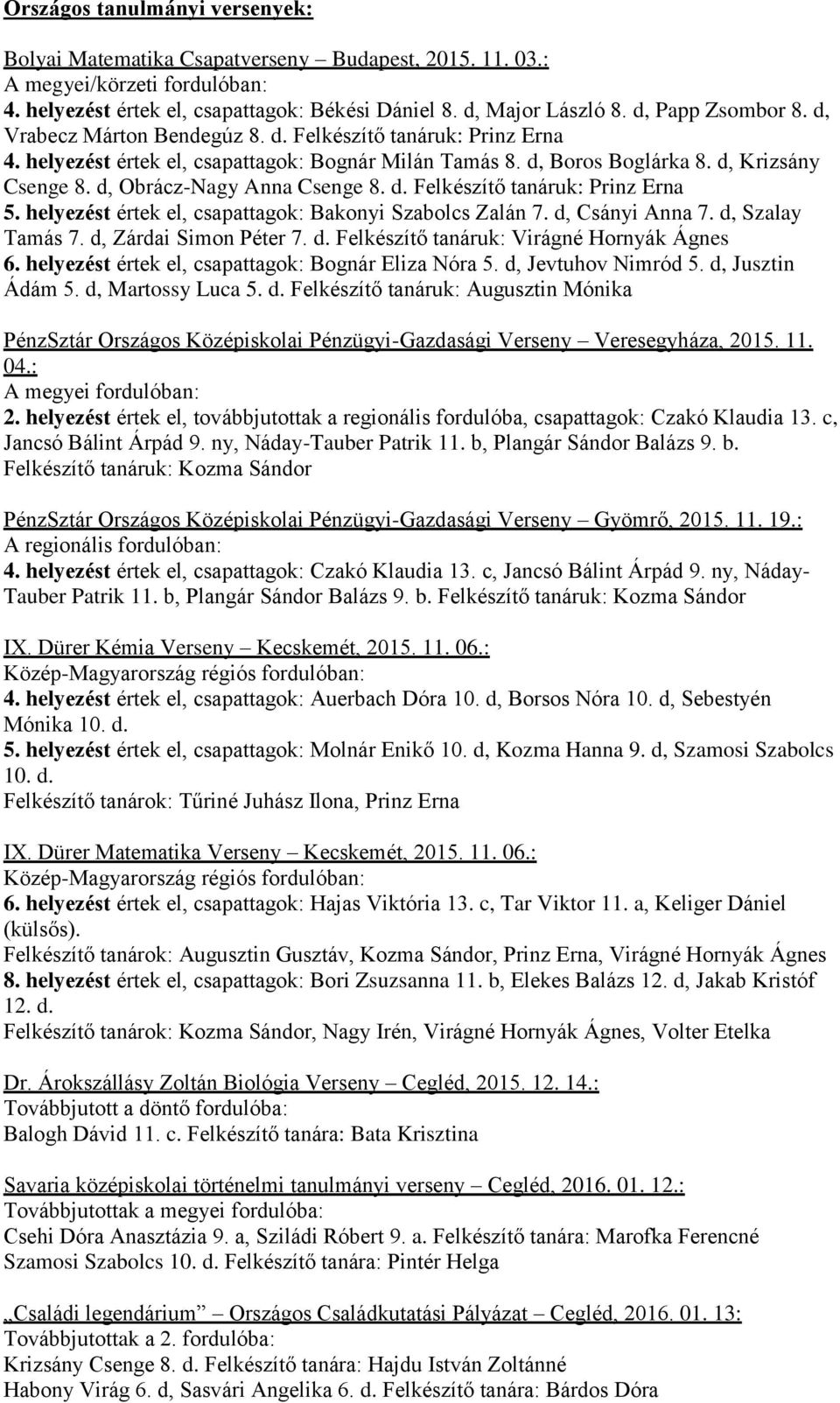 d, Obrácz-Nagy Anna Csenge 8. d. Felkészítő tanáruk: Prinz Erna 5. helyezést értek el, csapattagok: Bakonyi Szabolcs Zalán 7. d, Csányi Anna 7. d, Szalay Tamás 7. d, Zárdai Simon Péter 7. d. Felkészítő tanáruk: Virágné Hornyák Ágnes 6.