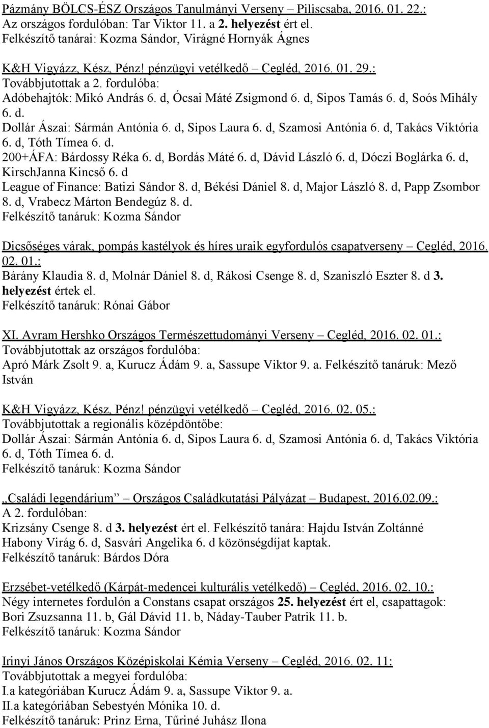 d, Soós Mihály 6. d. Dollár Ászai: Sármán Antónia 6. d, Sipos Laura 6. d, Szamosi Antónia 6. d, Takács Viktória 6. d, Tóth Tímea 6. d. 200+ÁFA: Bárdossy Réka 6. d, Bordás Máté 6. d, Dávid László 6.