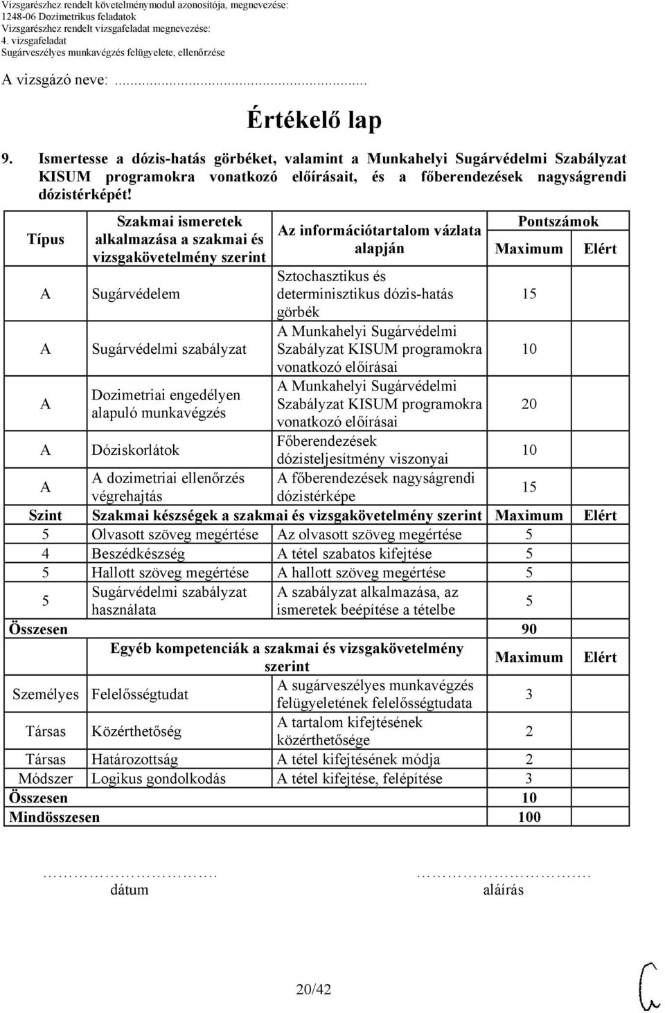 Típus Szakmai ismeretek alkalmazása a szakmai és vizsgakövetelmény Sugárvédelem Sugárvédelmi szabályzat Dozimetriai engedélyen alapuló munkavégzés z információtartalom vázlata alapján Sztochasztikus