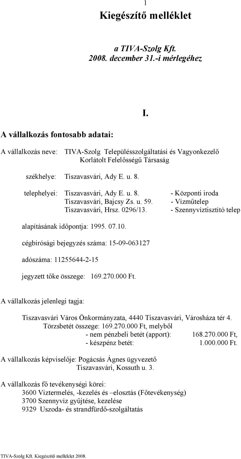 telephelyei: Tiszavasvári, Ady E. u. 8. Tiszavasvári, Bajcsy Zs. u. 59. Tiszavasvári, Hrsz. 0296/13. - Központi iroda - Vízműtelep - Szennyvíztisztító telep alapításának időpontja: 1995. 07.10.