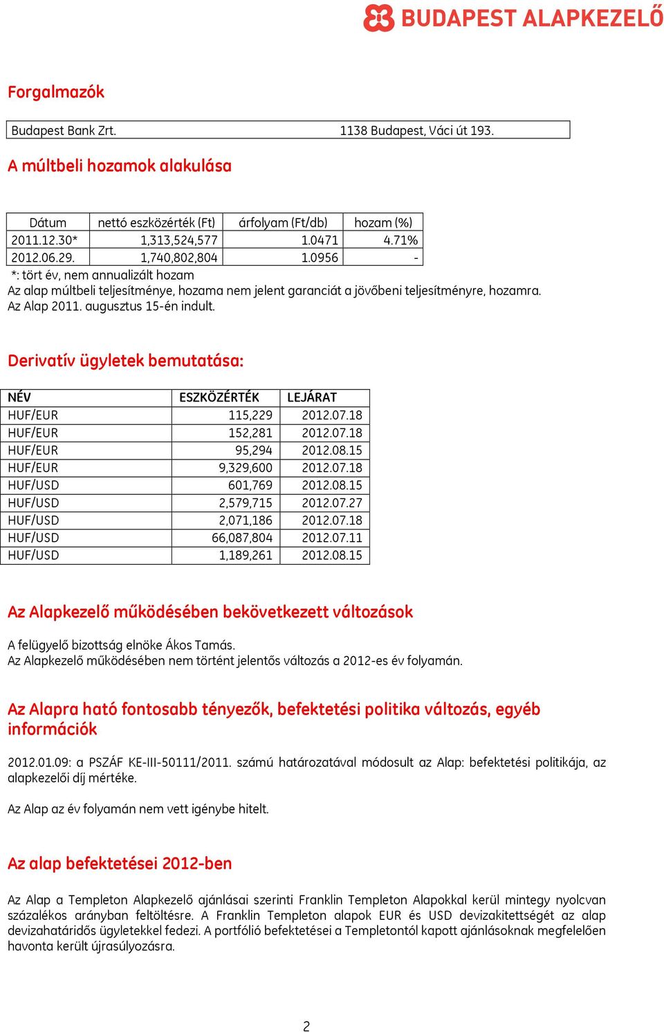 Derivatív ügyletek bemutatása: NÉV ESZKÖZÉRTÉK LEJÁRAT HUF/EUR 115,229 2012.07.18 HUF/EUR 152,281 2012.07.18 HUF/EUR 95,294 2012.08.15 HUF/EUR 9,329,600 2012.07.18 HUF/USD 601,769 2012.08.15 HUF/USD 2,579,715 2012.